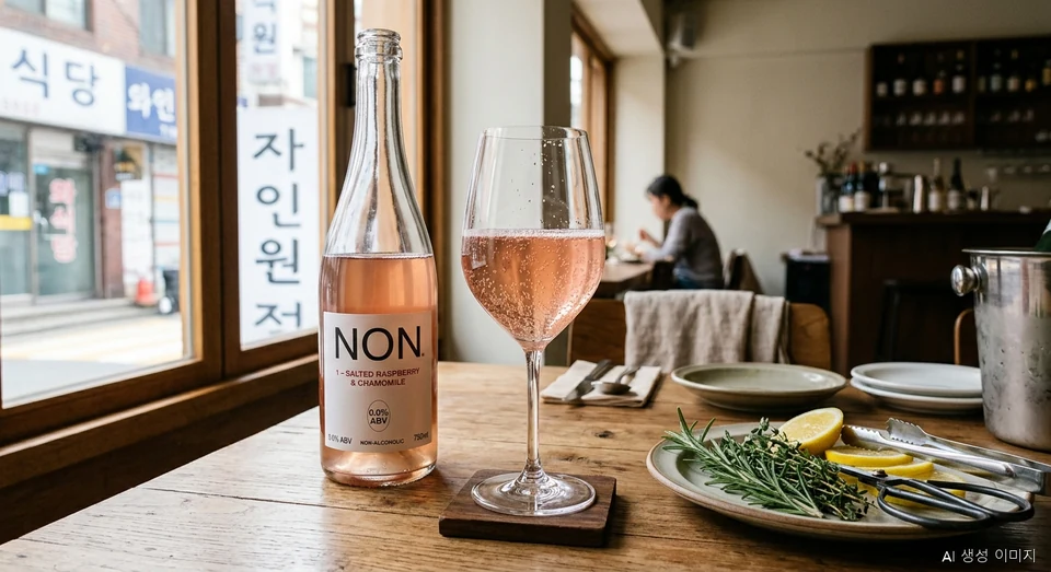 고급스러운 세팅의 프리미엄 무알코올 와인과 글래스