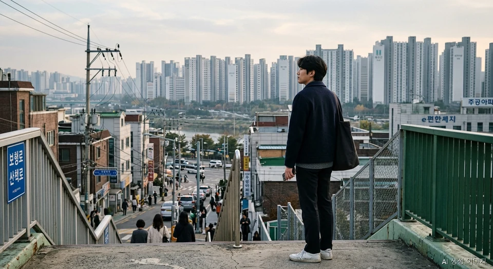 서울의 고층 아파트 단지를 바라보며 자산 격차와 내 집 마련을 고민하는 한국인의 모습