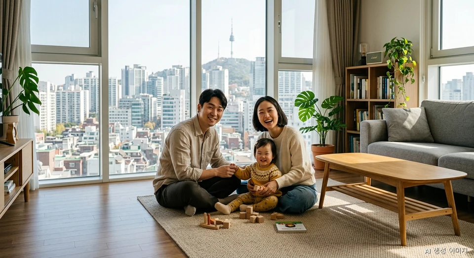 주거 및 보육 지원 환경을 상징하는 한국의 밝은 거실 속 가정 모습