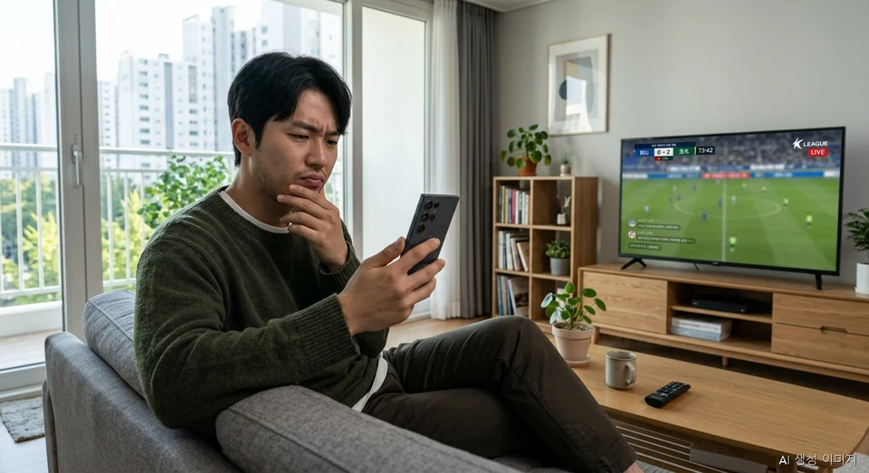 스마트폰으로 스포츠 스트리밍을 보며 시청 부담에 고민하는 모습