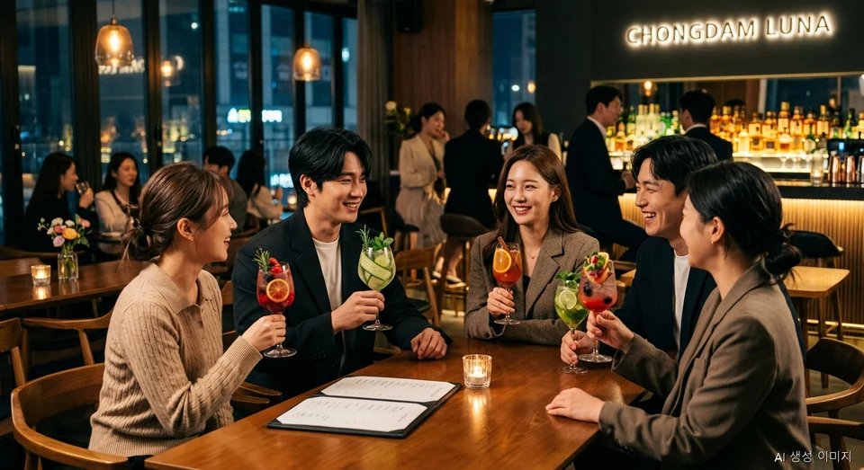 세련된 라운지 바에서 무알코올 목테일을 마시며 즐겁게 대화하는 2030 한국인들