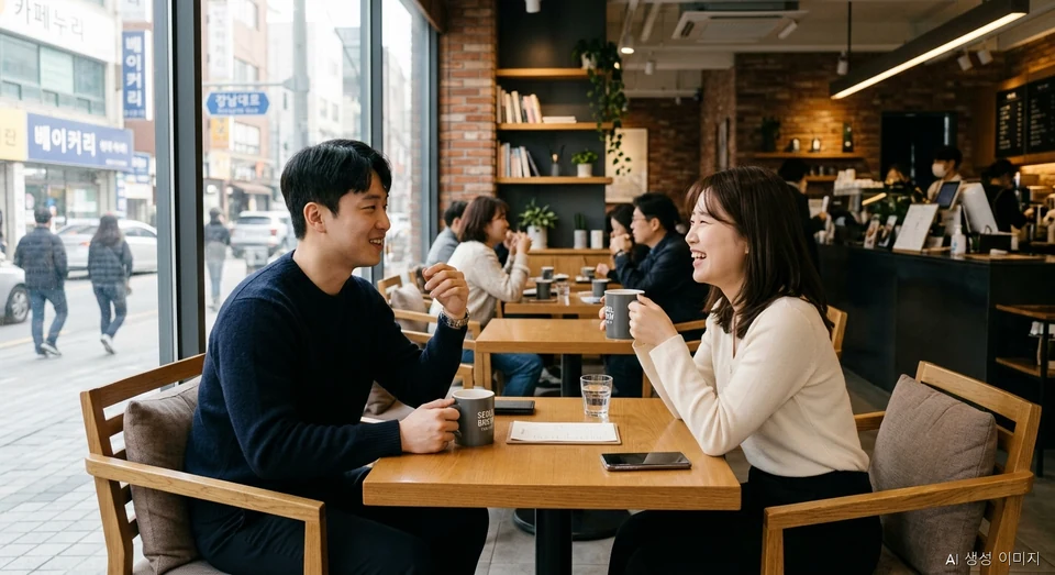 카페에서 편안하게 대화를 나누는 2030 한국인 남녀