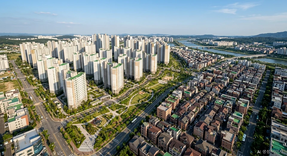 주거 안정과 공급 관리 대책을 설명하기 위한 한국의 현대적 주거 단지 및 도시 환경 예시 사진
